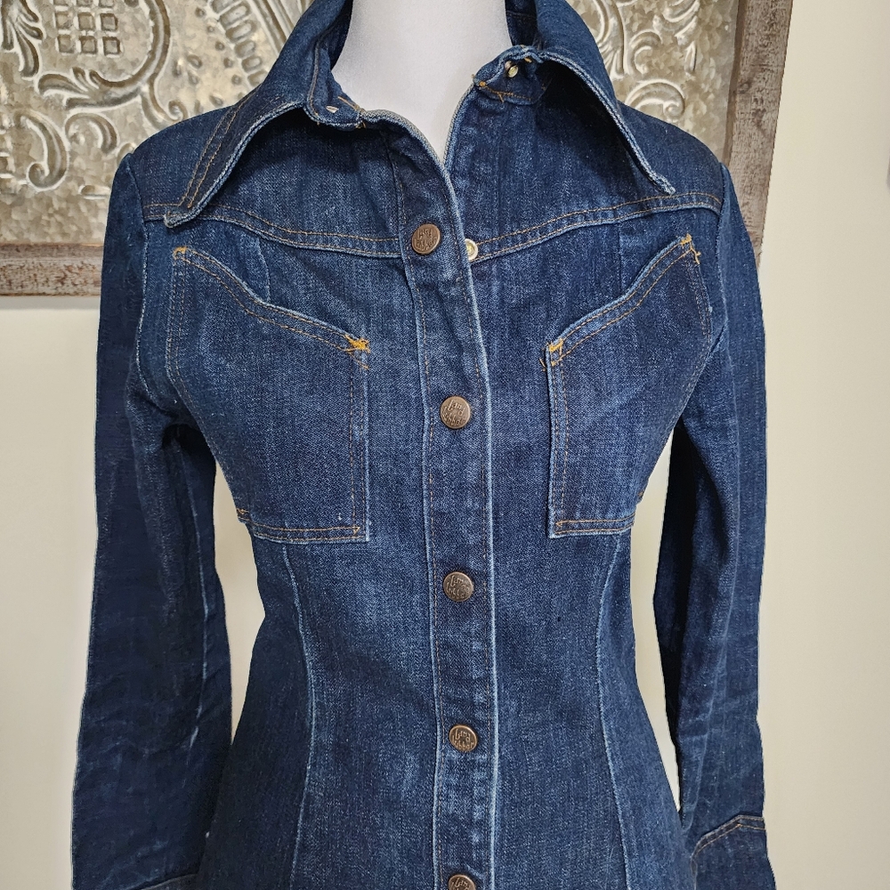 70's Vintage Landlubber Denim Duster Snap Button Dress Sz7 USA Western Boho Chic - Picture 5 of 15
